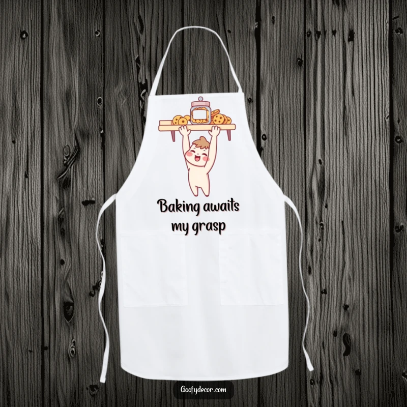 Funny apron featuring a cheerful character reaching for a cookie jar, a humorous design for kitchen adventures.