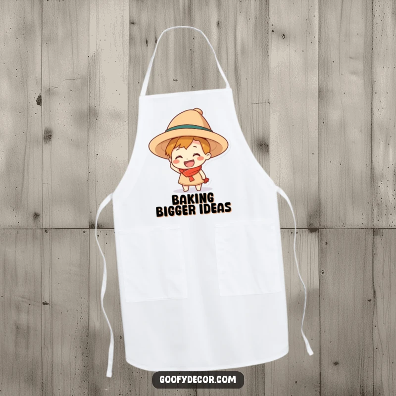 Funny grinning character apron, hilariously wearing an oversized hat, bringing cheerful absurdity to cooking tasks.