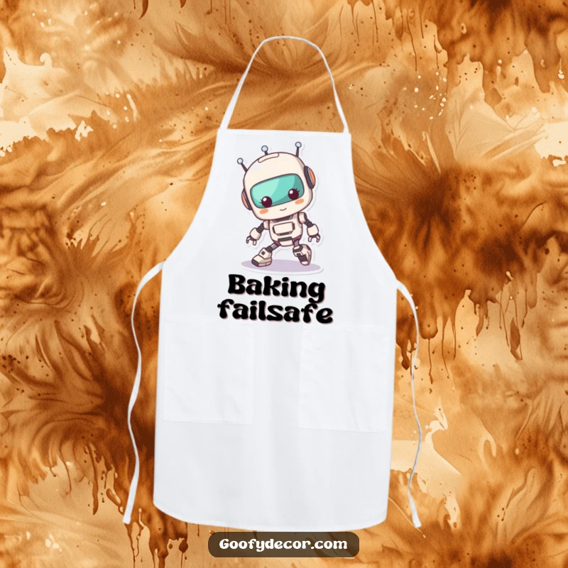 Funny Kawaii Robot Tripping Apron: Humorous apron featuring a cute robot comically tripping over its feet, perfect for chefs and home cooks. A great funny gift.