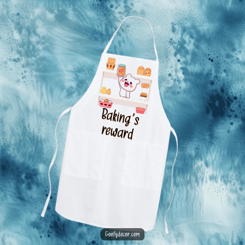 Funny apron showing a cheerful character reaching for a cookie jar on a high shelf, a humorous kitchen accessory.