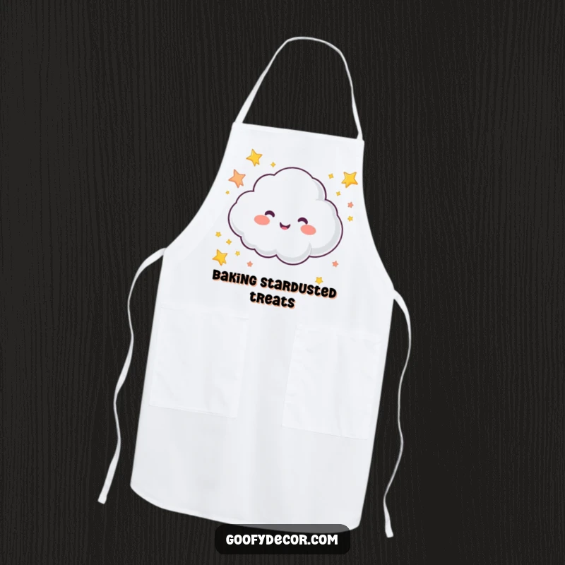 Funny apron featuring a bubbly cloud character joyfully sprinkling colorful stars, making cooking a delightful and cheerful activity.