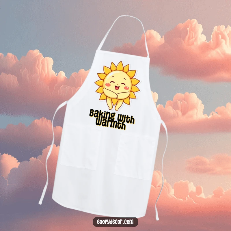 Funny cheerful sun character giving a big, warm hug, printed on a kitchen apron for cooking with sunshine.