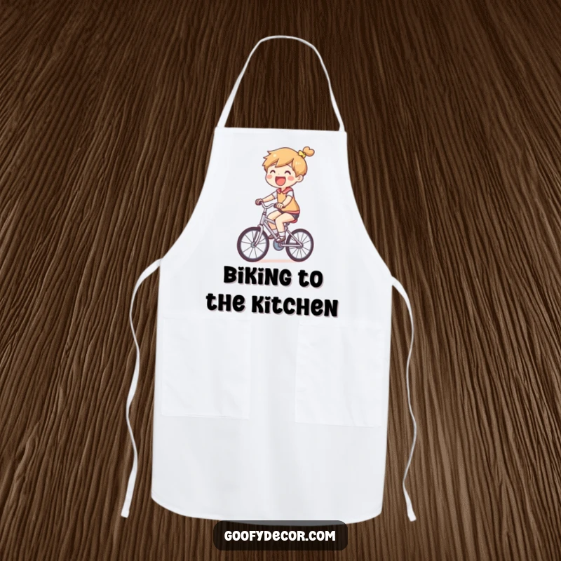 Funny Small Bicycle Apron with a joyful character riding a comically tiny bicycle, perfect for kitchen or craft tasks.