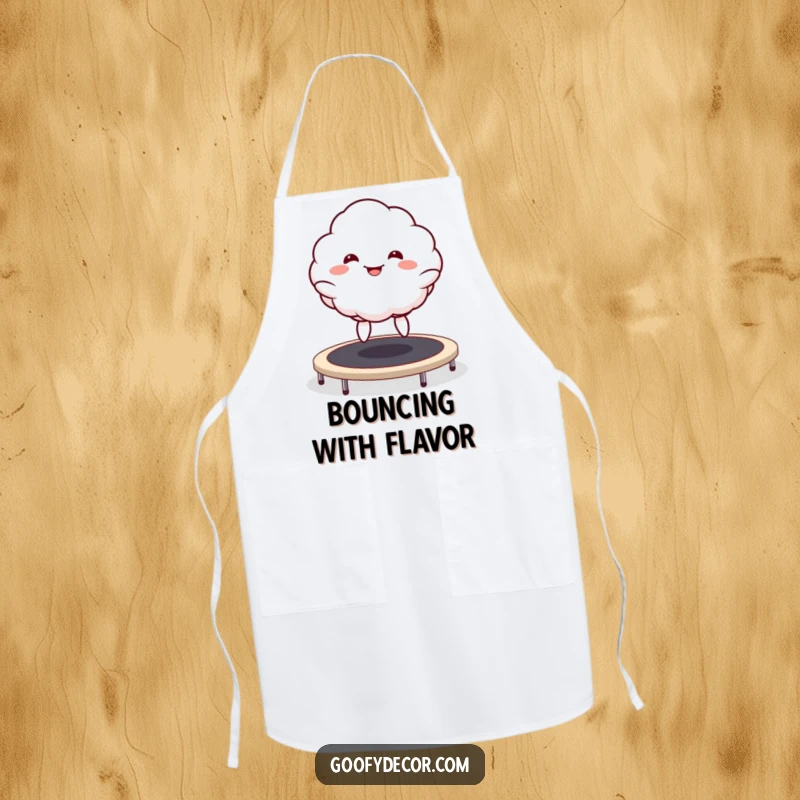Funny Kawaii Cloud Apron showcasing a goofy grinning cloud character energetically bouncing on a trampoline, perfect for a fun-loving cook.