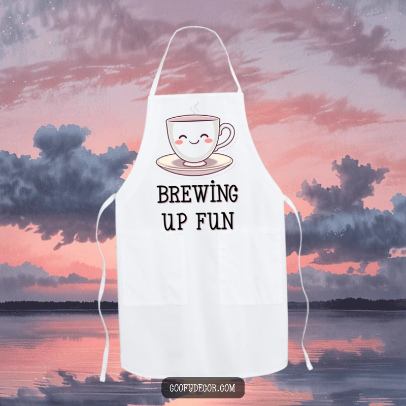 Funny Kawaii Teacup Apron showcasing a smiling kawaii teacup character happily spinning on its saucer, perfect for a cheerful cook.