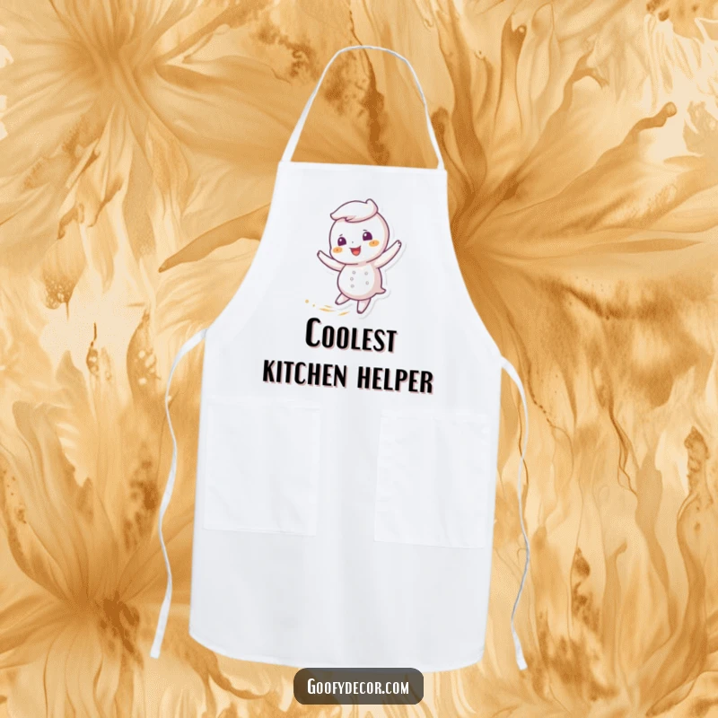 Funny apron featuring a giggling snowflake character playfully twirling in a soft, cool breeze, ideal for kitchen fun.