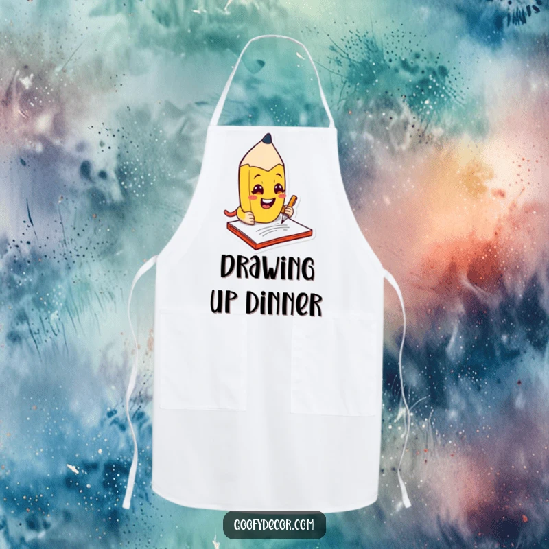 Funny kawaii mischievous pencil character grinning while scribbling on a notepad, printed on a fun kitchen apron.