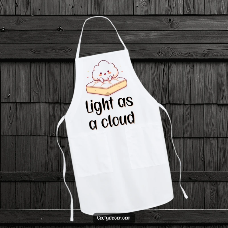 Funny apron showing a giddy cloud character joyfully bouncing on a fluffy mattress, perfect for mess-free cooking.