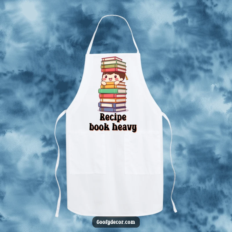Funny happy character apron, hilariously balancing a tower of books, adding a literary and humorous touch to cooking.