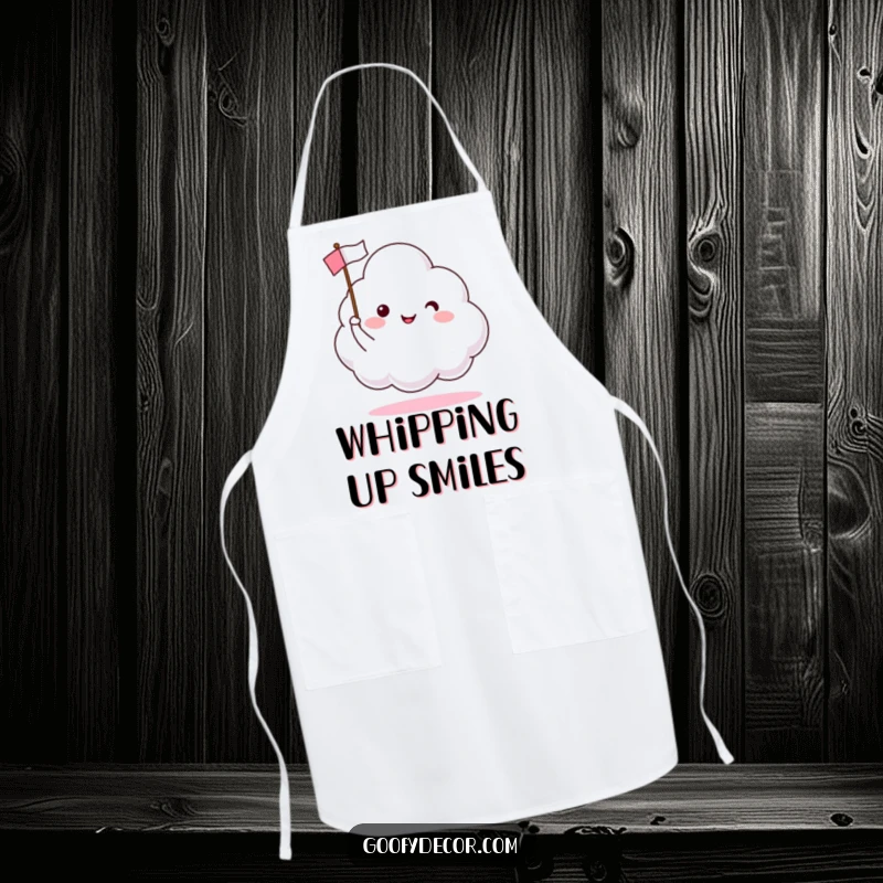 Funny apron featuring a happy cloud character waving a small flag, bringing cheer to cooking and kitchen tasks.