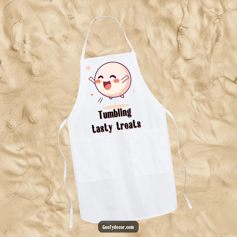 Funny Kawaii Bouncing Ball Apron showcasing a happy kawaii ball character joyfully tumbling through the air, perfect for a playful cook.