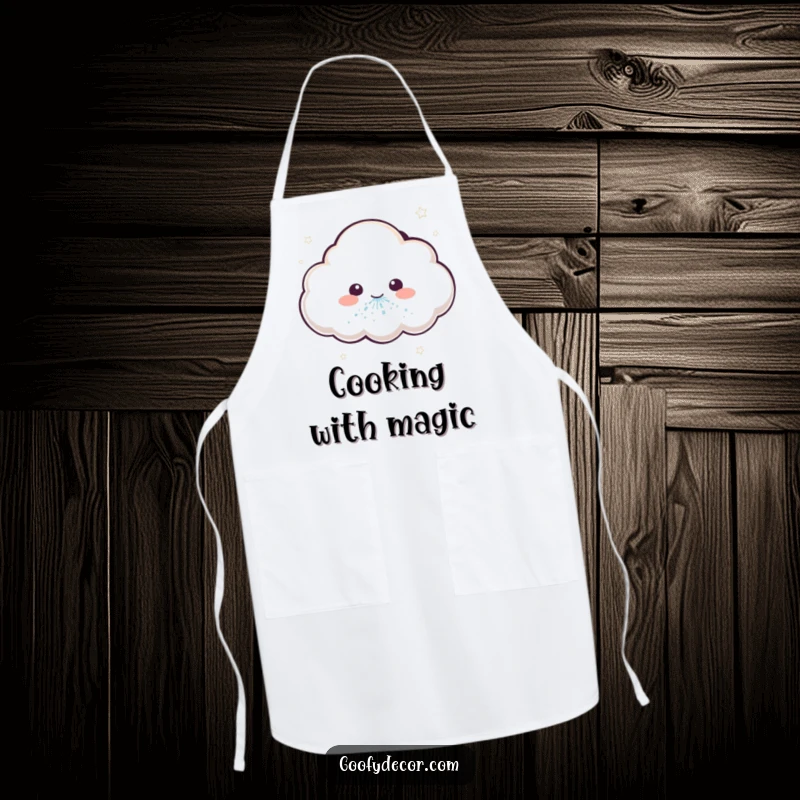 Funny apron design of a kawaii cloud character sneezing glitter, adding a magical touch to cooking.