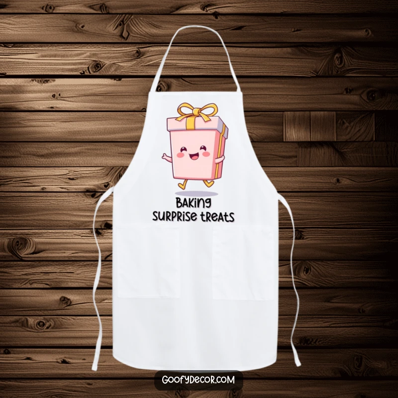 Funny kawaii smiling gift box character doing a happy skip, printed on a fun kitchen apron.