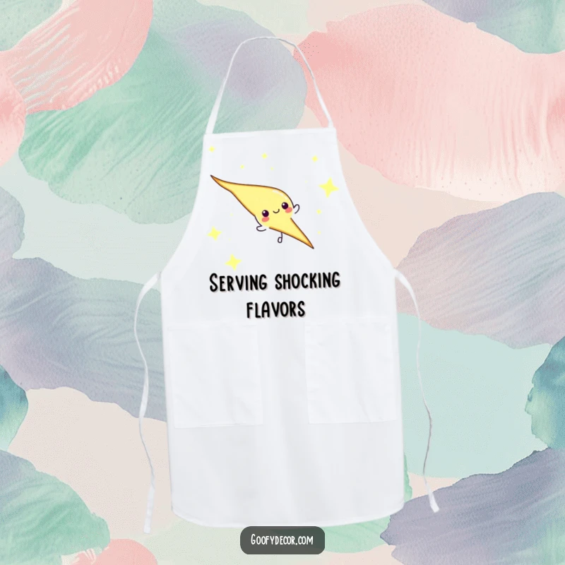 Funny lightning bolt character zipping across a starry sky on a kitchen apron, bringing electrifying fun to cooking.