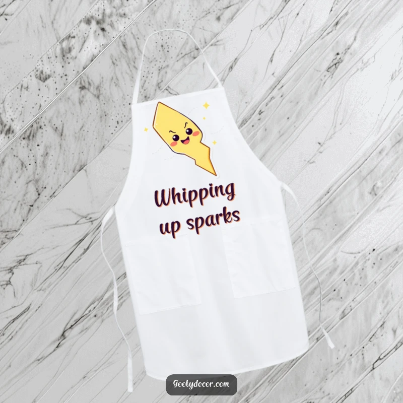 Funny lightning bolt character with mischievous grin on a kitchen apron, ready for playful culinary adventures and spills.