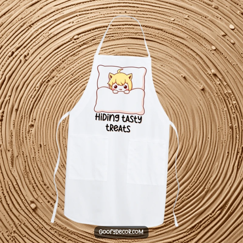 Funny mischievous character apron, hilariously peeking from behind a large cushion, adding a playful and humorous touch to cooking.