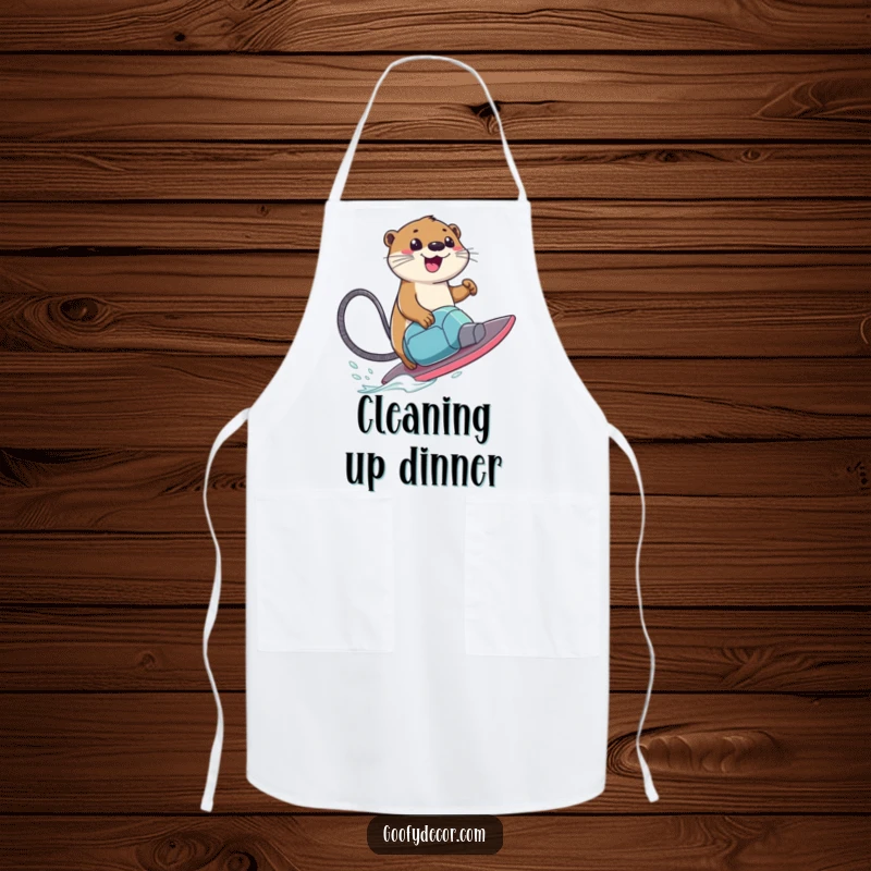 Funny Apron showcasing a smiling otter character riding a vacuum cleaner surfboard, ready for a fun and efficient cleaning session.