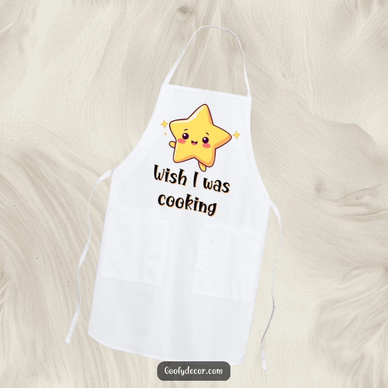 Funny apron featuring a cheerful shooting star character making a wish with a bright, sparkling trail, perfect for kitchen magic.