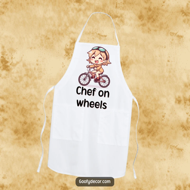 Funny apron showing a joyful character riding a comically small bicycle, a humorous kitchen accessory.