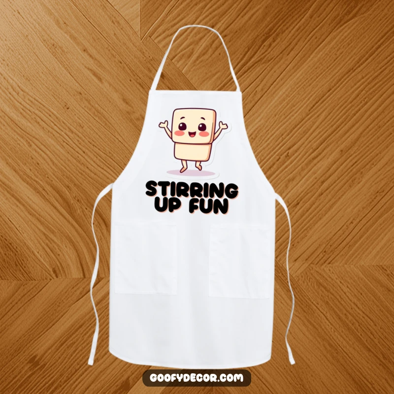 Funny apron with a square character enthusiastically doing a happy jig, ready to add cheer and playful energy to any cooking or crafting session.