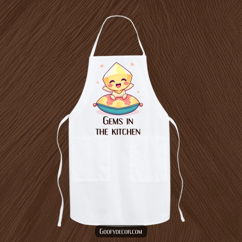 Funny giggling gem wearing an apron, bouncing playfully on a colorful cushion, bringing fun and sparkle to the kitchen.