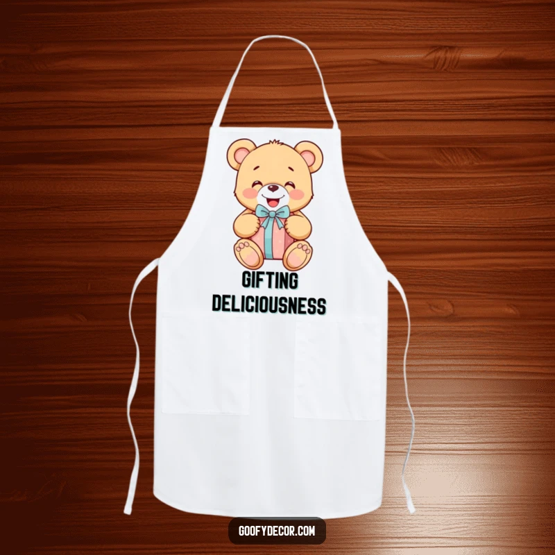 Funny cheerful teddy bear wearing an apron, happily unwrapping a gift, bringing joy and cheer to the kitchen.