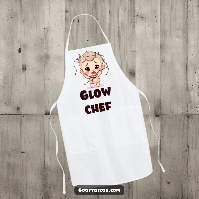 Funny apron showing a bewildered character hilariously tangled in fairy lights, a humorous holiday accessory.