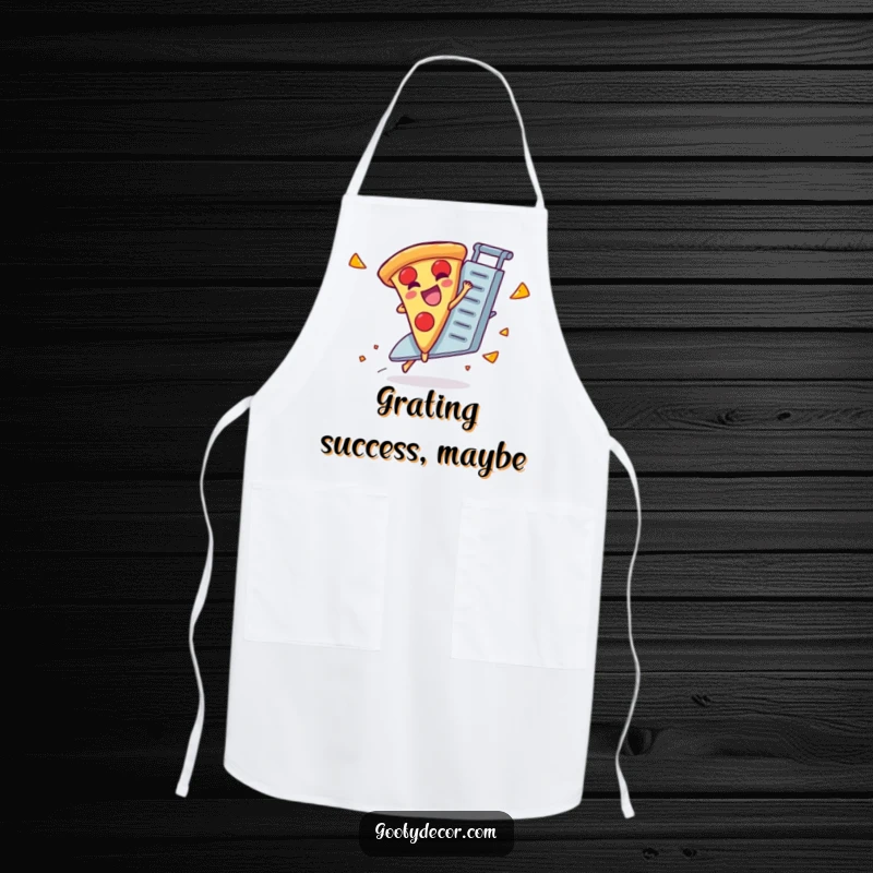 Funny apron depicting a giggling pizza slice character riding a runaway cheese grater while cooking.
