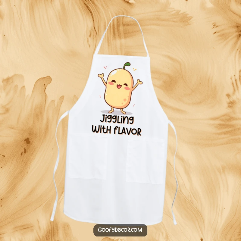 Funny apron featuring a wobbly character performing a silly dance, ready to add joy and humor to any cooking or crafting session.