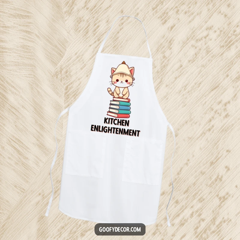 Funny Apron showing a Kawaii cat character with a lampshade hat, balancing with surprising skill on a stack of books.