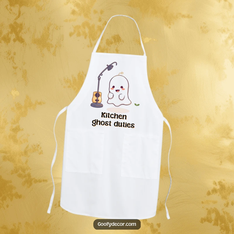 Funny apron depicting a mischievous little ghost character playfully hiding behind a lamp, perfect for kitchen fun.