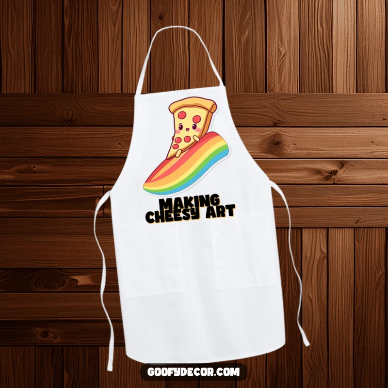 Funny apron design of a kawaii pizza character sliding down a rainbow on its slice, adding a fun flavor to cooking.