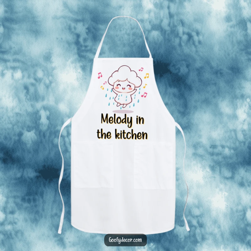 Funny dancing rain cloud apron showing a happy cloud character with musical notes, perfect for keeping clothes clean while cooking to music.