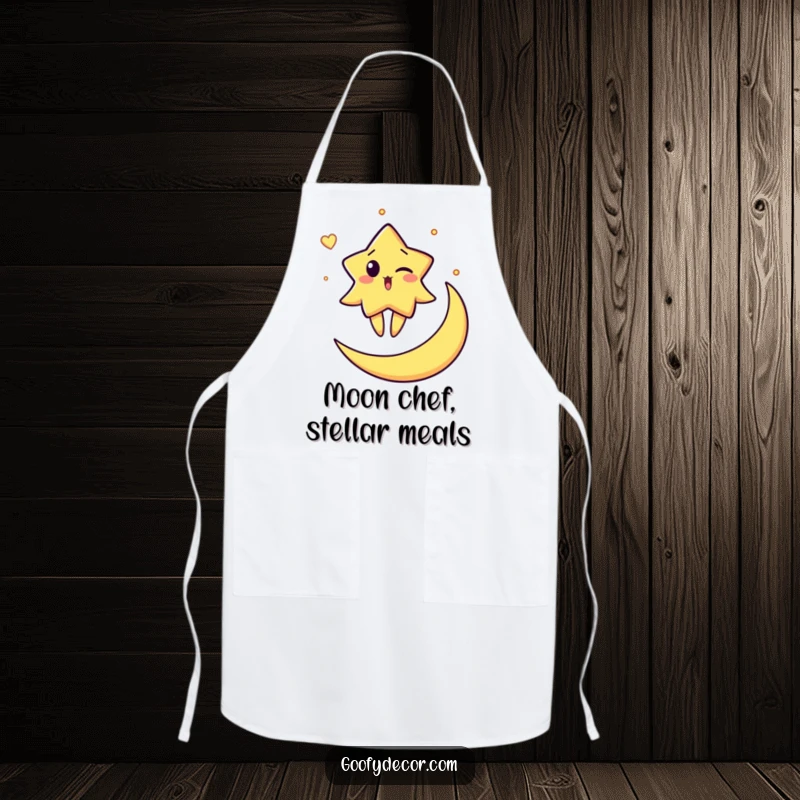 Funny apron showing a surprised star character winking while balancing on a crescent moon, perfect for humorous and celestial kitchen adventures.