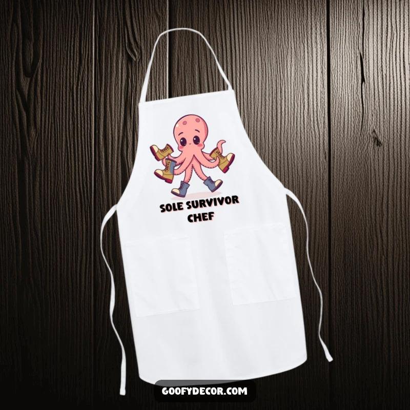 Funny octopus apron showing a goofy octopus juggling boots, ideal for a fun and protected cooking experience.