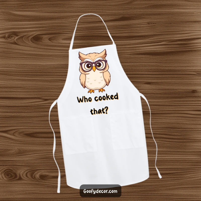 Funny owl apron depicting a determined character with glasses looking surprised, ideal for kitchen protection and smart humor.