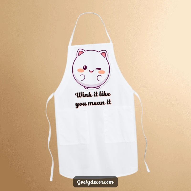 Funny apron featuring a round, smiling character winking playfully, adding a touch of humor to kitchen activities.