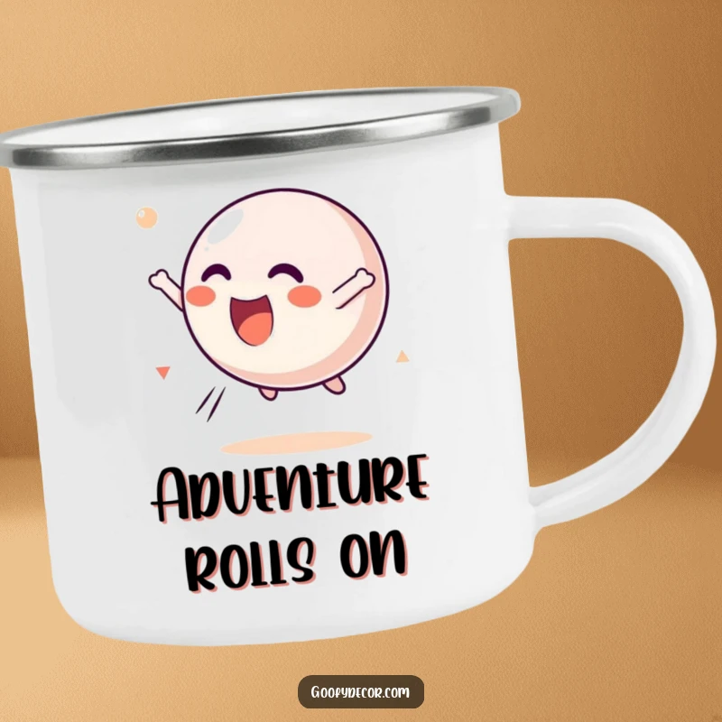 Funny Kawaii Bouncing Ball Camping Mug showing a happy kawaii ball character joyfully tumbling through the air, ideal for playful outdoor sips.