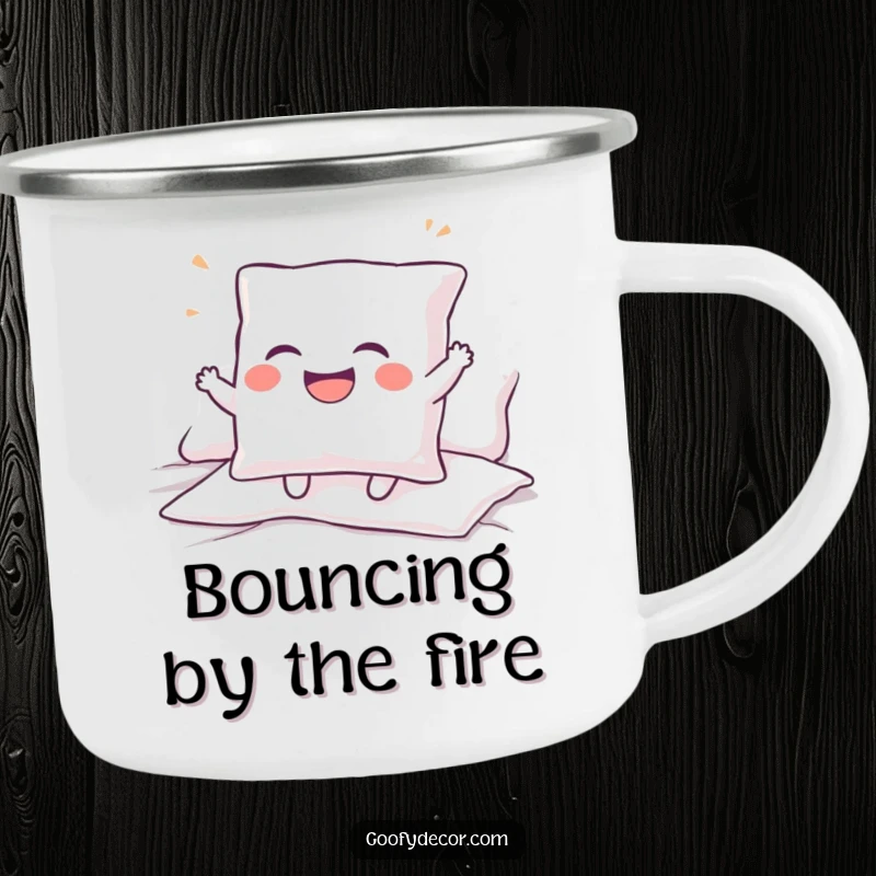 Funny camping mug featuring a giggling pillow character bouncing enthusiastically, perfect for outdoor drinks and cheerful moments.