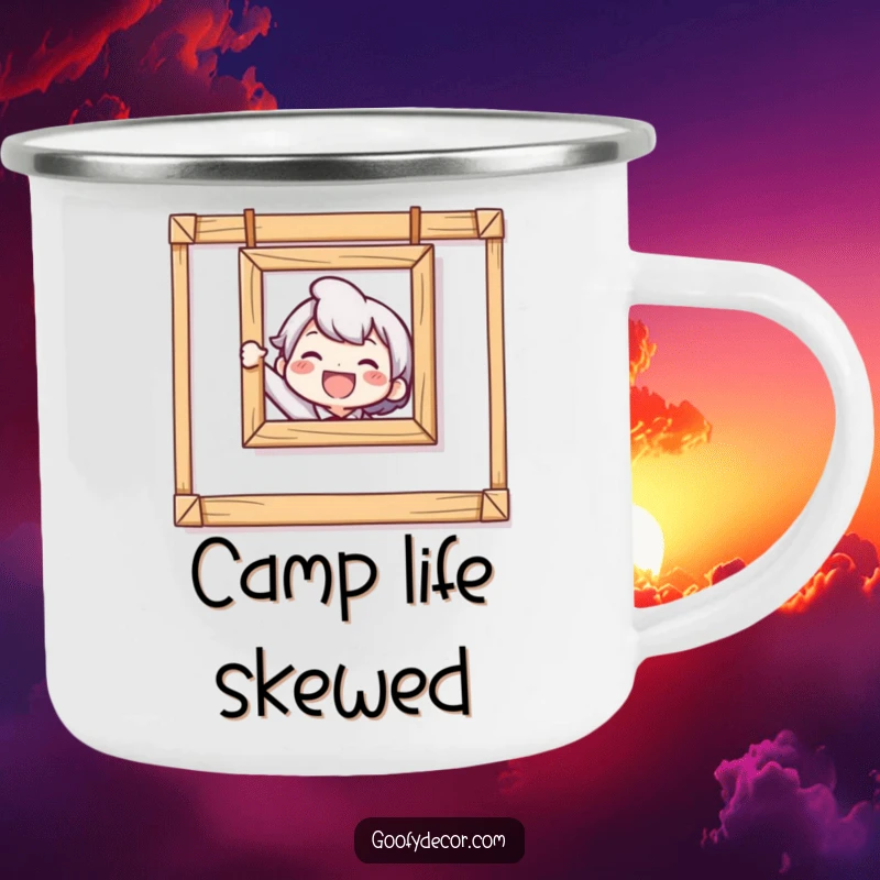 Funny Crooked Picture Camping Mug with a delighted character humorously hanging a crooked picture, designed for durability and laughs.