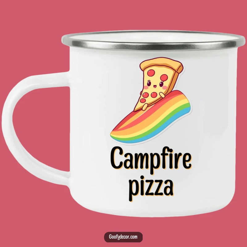 Funny Kawaii Pizza Camping Mug: Rainbow Slide Outdoor Adventure