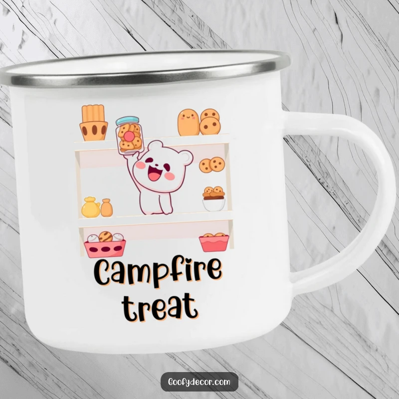 Funny camping mug with a cheerful character reaching for a cookie jar on a high shelf, perfect for outdoor humor.