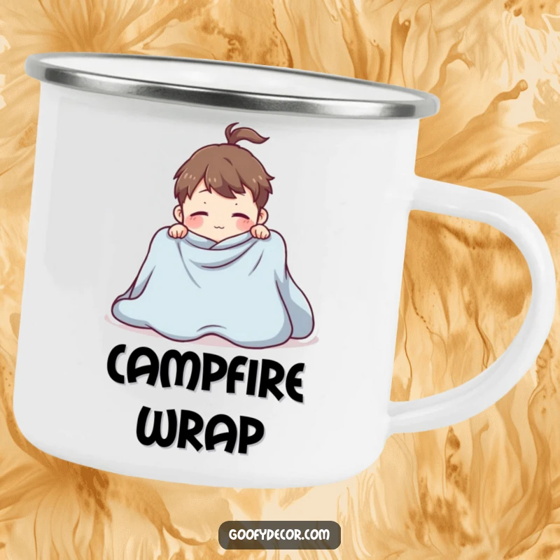 Funny camping mug with a playful character hilariously attempting to fold a giant blanket, perfect for outdoor humor.
