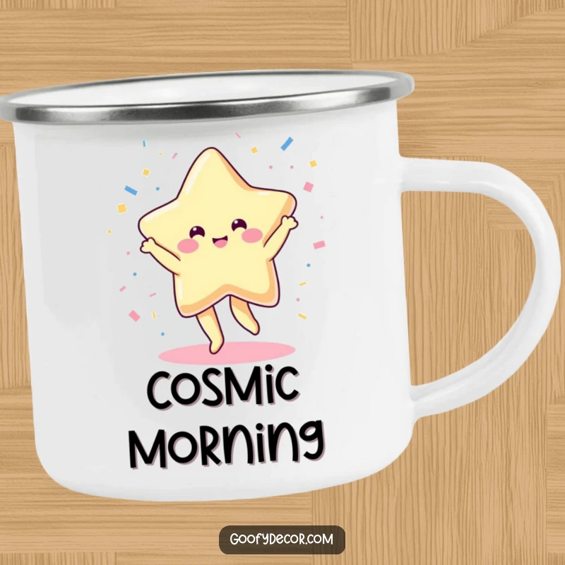 Funny, durable camping mug of a cheerful kawaii star dancing joyfully, scattering confetti, perfect for outdoor celebrations.