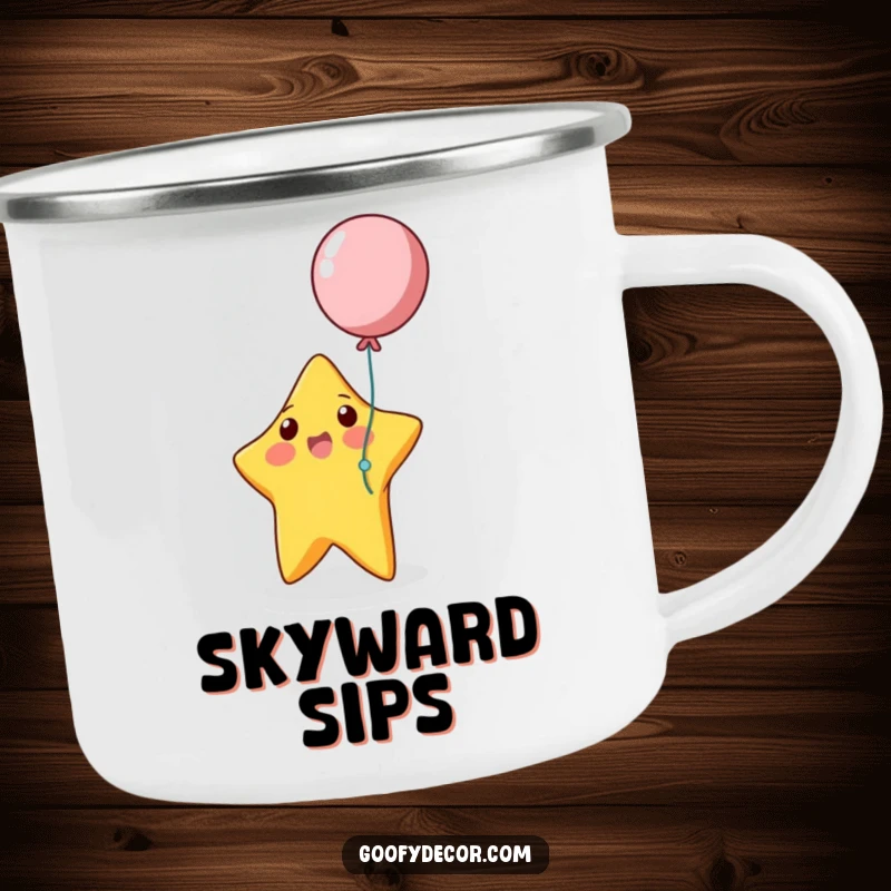 Funny bouncing star playing with a balloon on a durable camping mug, humorous outdoor gear.