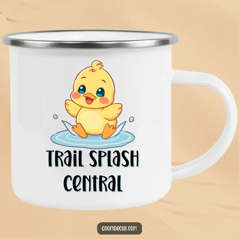 Funny cheerful duckling happily splashing in a puddle on a camping mug, for joyful outdoor moments.