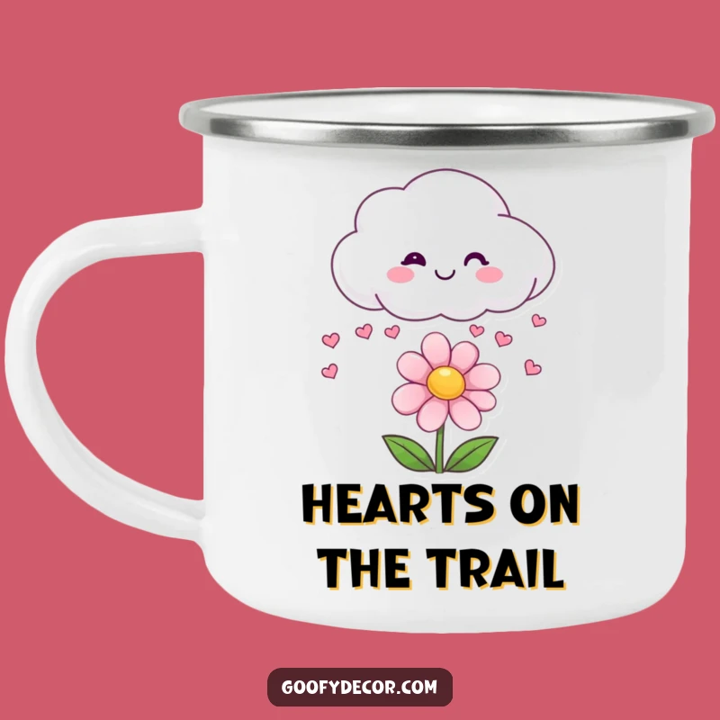 Funny Cloud Camping Mug: Outdoor Love with Hearts Raining on Flower