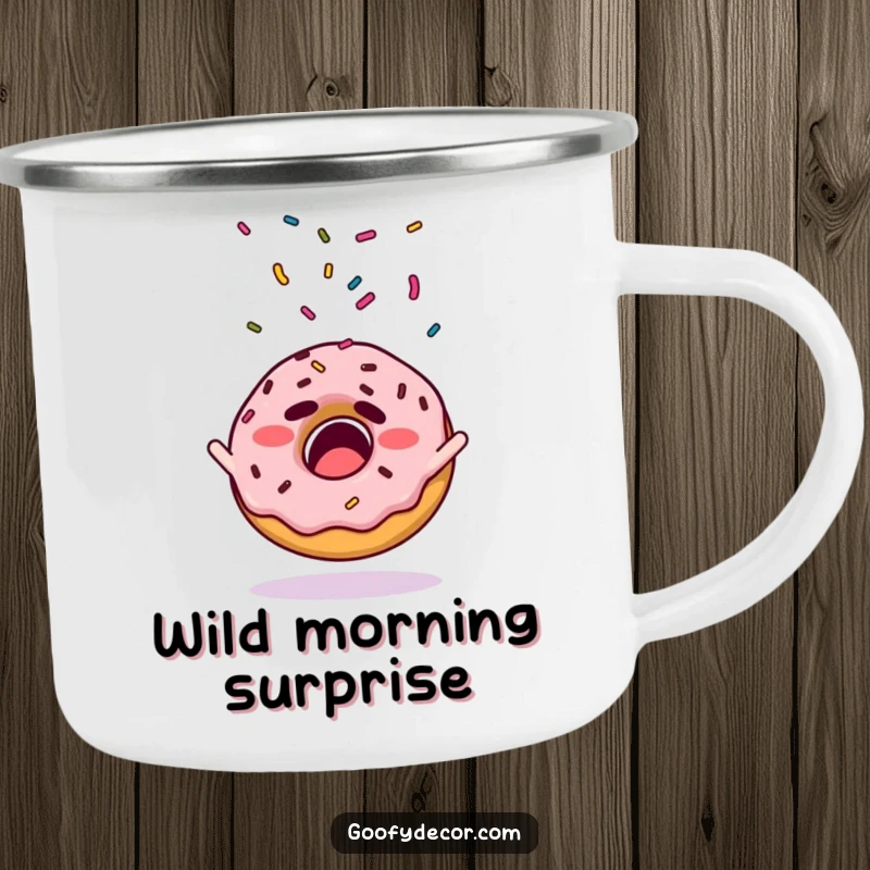 Funny camping mug showcasing a startled donut character with its sprinkles flying during an outdoor adventure.