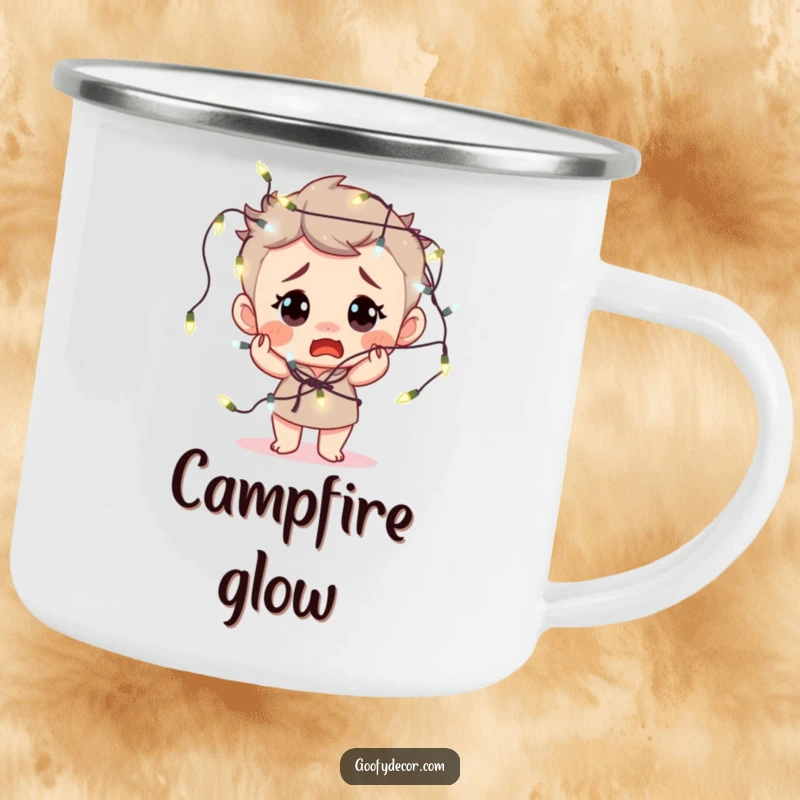 Funny camping mug with a bewildered character hilariously tangled in fairy lights, perfect for outdoor humor.