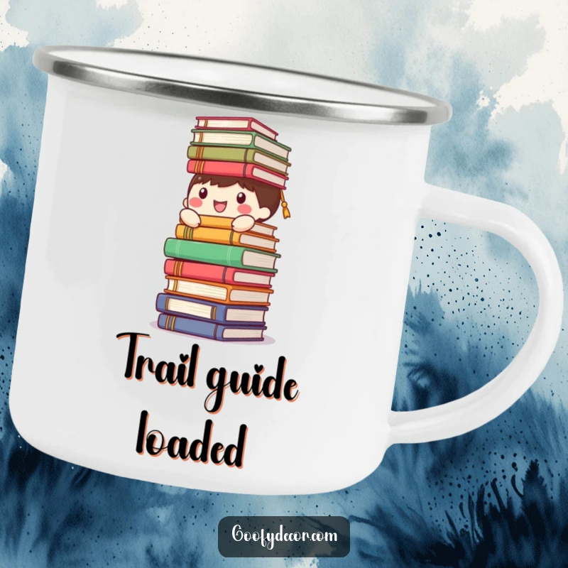 Funny happy character camping mug, hilariously balancing a precariously stacked tower of books, for literary outdoor fun.